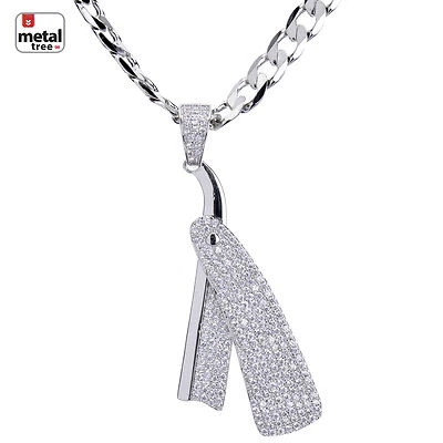 Men's Barber Straight Razor Blade Pendant Cuban Chain BCH 15107 S - Image 1 of 4
