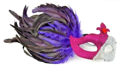 Fuchsia and Silver Mardi Gras Mask Glittered W/Purple & Black Feathers Halloween - Image 1 of 4