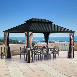LeDoasis12'X16 'HardtopGazebo Double Roof,Curtain&Netting,Built-in gutter system - Picture 1 of 37