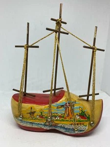 Luxury Decorative Wooden Shoe Clogs Dutch Poly Hand Painted Carved Ship's Sail - Picture 1 of 6