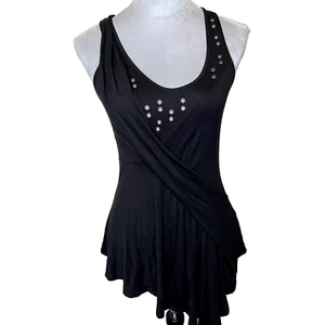 Camiseta sin mangas Rachel Roy talla pequeña negra con tachuelas envolventes volantes larga festival gótico S - Imagen 1 de 8