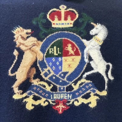161 Vtg Ralph Lauren Crest Intarsia Cashmere/Wool Sweater Lion Unicorn S Navy - Image 1 of 4