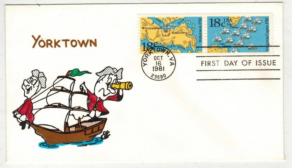 1981 BATTLE OF YORKTOWN VIRGINIA ATTACHED PAIR & ELLIS ANIMATED HANDPAINTED FDC - Image 1 of 1