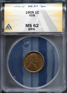 Key Date 1909 1c VDB Lincoln Head Cent MS 62 Brown ANACS # 7786676 + Bonus - Picture 1 of 2
