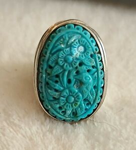 Antique chinese sterling silver carved bird turquoise ring Fine Jewelry size 7.5
