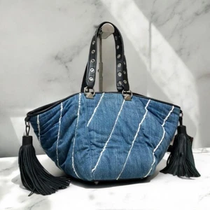 SONIA RYKIEL Fringed Denim Tote Shoulder Bag Purse USED Good Condition - Picture 1 of 12