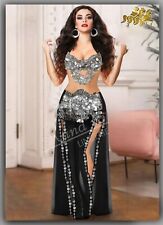 Sexy Black& Silver Coins Belly Dance Costume Two Piece Bra Long Skirt Dance Set