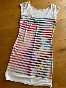 Desigual Rainbow Striped T Shirt Dress Short Cream Size Medium (8/10 UK) - Picture 1 of 12