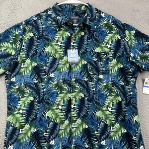 Van Heusen Men Hawaiian Shirt XL 17-17.5 Blue Green Palm Leaf Wicking Pocket NEW - Picture 1 of 11