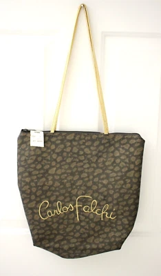 Carlos Falchi Brown Spotted Zipper Tote Gold Leather Straps ~ New With Tag  - Image 1 of 4