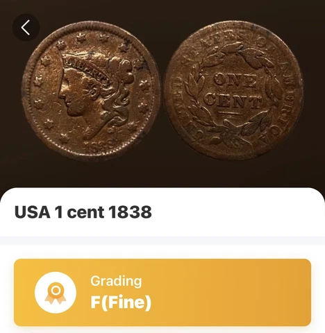 1838 Liberty "Coronet Head", Large One Cent, Circulated, Fine Condition, BN Cover