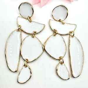 White Enamel Gold Tone Geometric Modern Abstract Chandelier Earrings Trendy