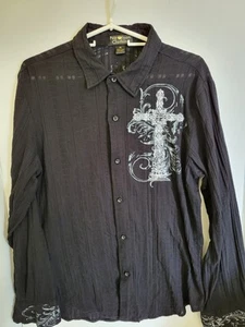 Pop Icon Men's XL Black Textured Goth Embroidered Cross Long Sleeve - Picture 1 of 6