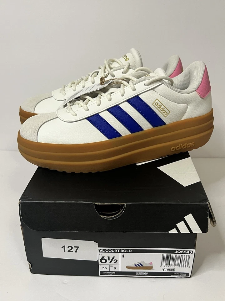 Adidas Mujer VL Court Bold # JQ5643 Talla 6 1/2 Blanco Azul Rosa Foto 1 de 4