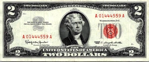 1963  $2 Red Seal (FANCY SERIAL # A01444559A ) Legal Tender  VF-CVF-Fr. 1513 - Picture 1 of 3