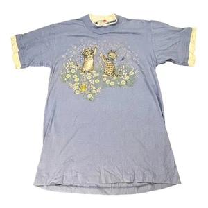 Vintage Morning Sun Cats Playing With Bubbles Graphic Blue T Shirt Size L  20x28 - Picture 1 of 11