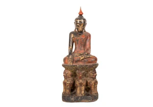 Birmania 20. Jh. Buda Shakyamuni madera, sentado en un loto / león / barbilla - Imagen 1 de 12