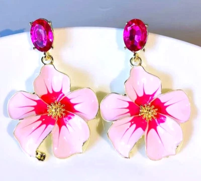 Pendientes colgantes tropicales ORQUÍDEA FLORES rosas estrás JOYAS Betsey Johnson Foto 1 de 4