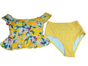 Bikini Set Ruffle Yellow Floral Print Crop Top White Striped HighWaist US Size S - Picture 1 of 8