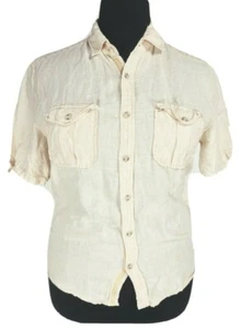 AXIS LA Mens Button Up Top Size L Ivory 100% Linene Short Sleeve Pockets Front - Picture 1 of 6