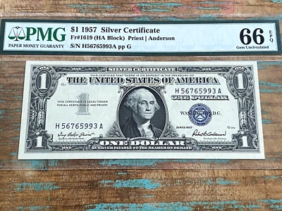 $1 1957 1619 HA H-A Block Silver Certificate PMG 66EPQ - GEM + - Image 1 of 2