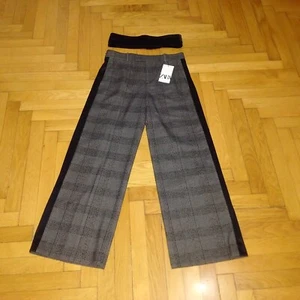 new ZARA ZW Collection grey & black check wide leg trousers & satin sash belt,M - Picture 1 of 22