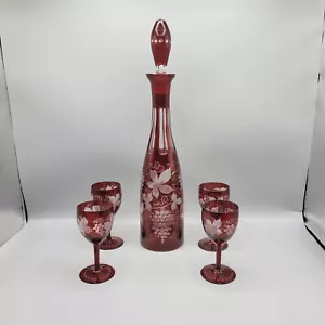 Vintage Egermann Bohemian Ruby Red Cut To Clear Crystal Decanter & 4 Wine - Picture 1 of 13