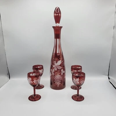 Vintage Egermann Bohemian Ruby Red Cut To Clear Crystal Decanter & 4 Wine - Image 1 of 4