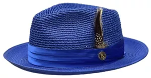 Men's Dress Casual Fedora Summer Straw Hat Royal Blue JU-922 100% Poly Braid - Picture 1 of 2