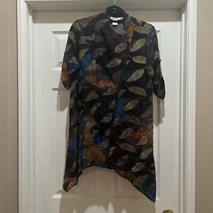 Feratelli Top Blouse Leaf Print Zip MED Lagenlook Tunic Art to Wear Asymmetrical - Picture 1 of 8