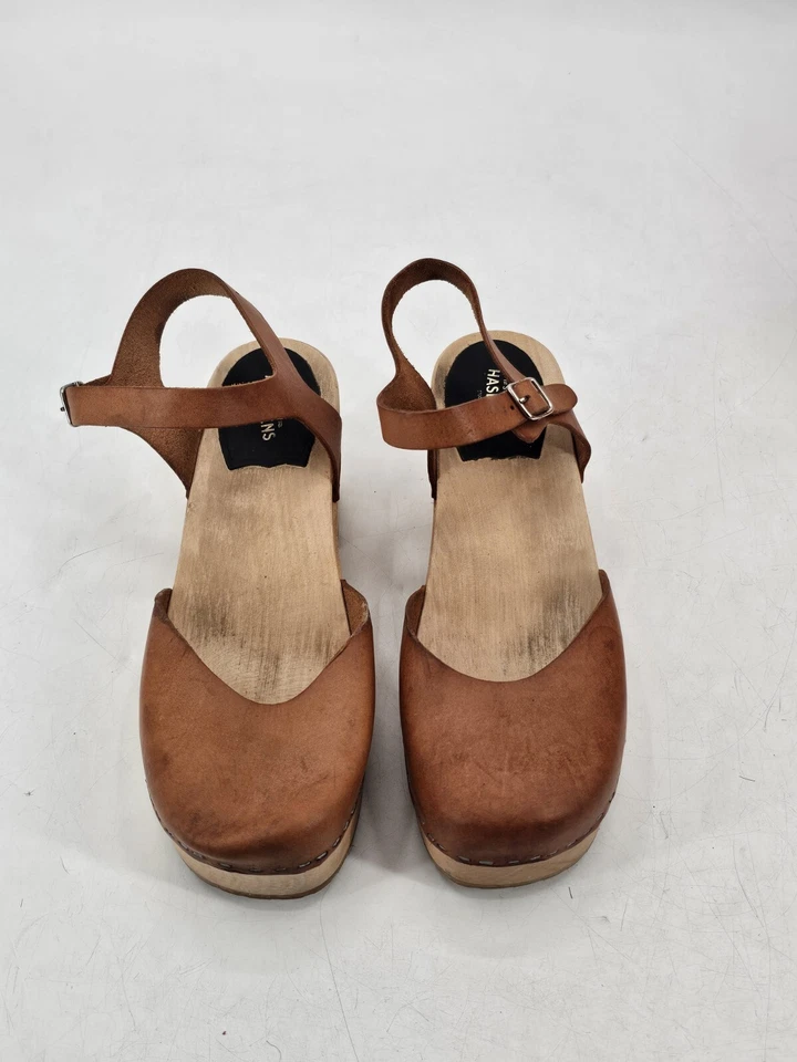 Swedish Hasbeens Brown Ankle Strap Wooden Platform Sandals Clogs Sz 41 Euro - Image 1 of 4