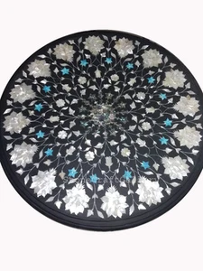 18" Black Marble Table Top Semi Precious Stones Inlay Home & Garden Decor - Picture 1 of 1