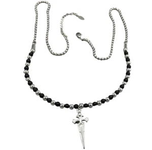 Collana uomo donna ciondolo pugnale perle color nero e argento misura regolabile - Foto 1 di 12