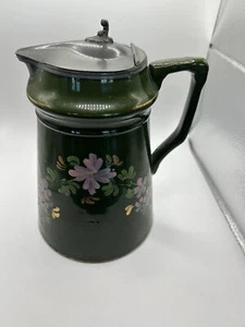 Green Porcelain Pitcher (17cm) Pewter Lid & Handpainted Floral Design, No Chips - Picture 1 of 10