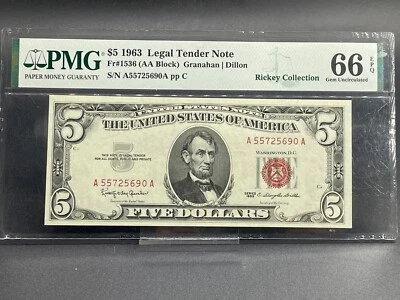 1963 $5 Legal Tender Note 1536 (AA Block) PMG MS 66 Serial A55725690A (Red Seal) - Image 1 of 4