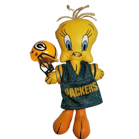 Vintage Green Bay Packers TWEETY BIRD 9" Vinyl Plush Mascot w Jersey & Helmet Cover