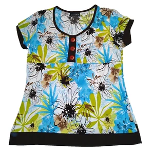 Brittany Black Blue Brown Black Floral Print Top Knit Blouse Short Sleeve Sze M? - Picture 1 of 7