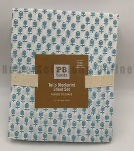 Pottery Barn Teen Tulip Floral Block Print Cotton Sheet Set Blue Full #R150 - Picture 1 of 4