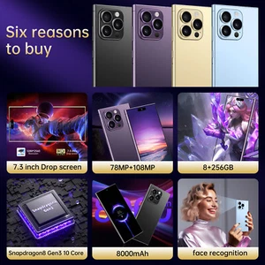 7.3INCH 5G Android 14 Mobil Phone 78+108MP 8+256GB Face Unlocked 8000mAh Phone - Picture 1 of 18