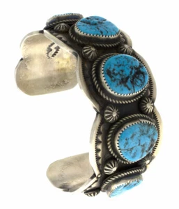 Natural Sleeping Beauty Free-Form Turquoise Row Bracelet By Leslie Nez - Picture 1 of 5