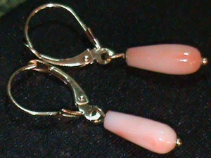 Natural Pink Angel Skin Coral Drop Earrings Solid 14kt Gold Leverbacks 14kt Bead - Picture 1 of 3