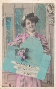 CP FEMME ROSE CHIGNON PRESENTE TELEGRAMME BONNE ANNEE - 12334 - Imagen 1 de 2