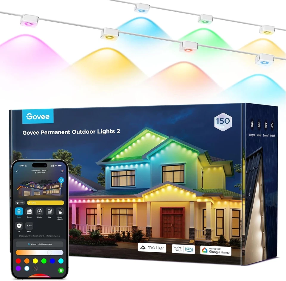 GOVEE Permanent Outdoor Lights 2 150Ft RGBIC with 108 LED Lights H705F101 WHITE
