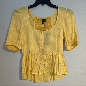 New Vero Moda Yellow White Polka Dot Puff Short Sleeve Blouse Women's size M - Picture 1 of 5