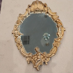 Vtg Ornate Rococo Gold Wall Mirror Cherubs Seashell Hollywood Regency 12.5" x9" - Picture 1 of 13