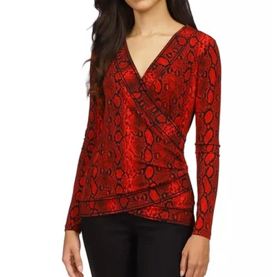 Michael Kors Red Black Snakeskin Print Crossover Border Shirt Womens Size XS - Image 1 of 4