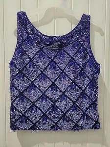 Idell Imports Top Cóctel Azul Flecos Cuentas Lentejuelas Sin Mangas Lana Talla M Mod - Imagen 1 de 12