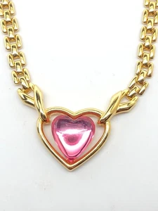 Vintage Trifari TM pink Lucite Heart Necklace gold tone panther link 15" - Picture 1 of 7
