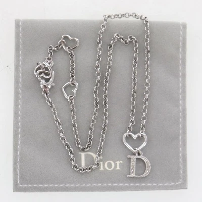 Christian Dior Logos Heart Rhinestone Used Chain Necklace Silver #EJ427 O - Image 1 of 4