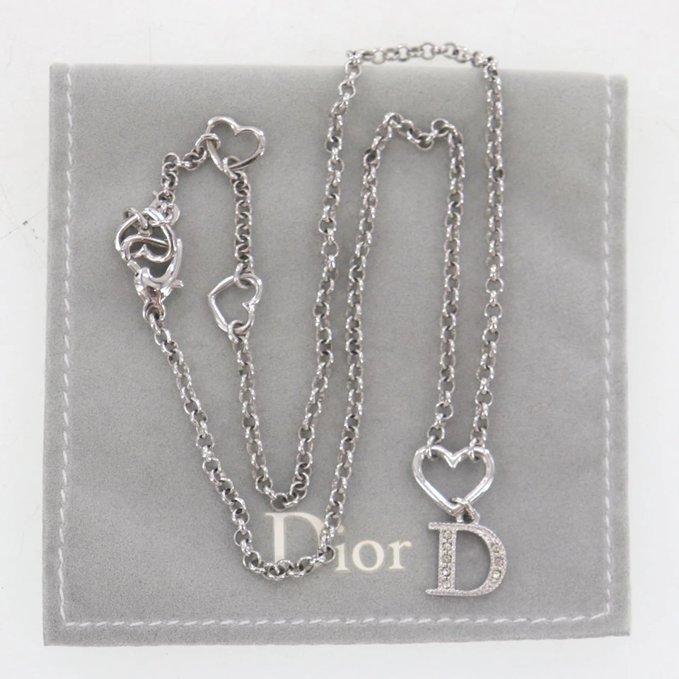 Collar de cadena usado con logotipos de Christian Dior corazón estrás plata #EJ427 O Foto 1 de 4